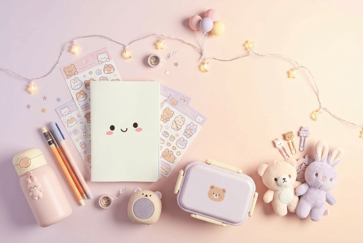 Kawaii stationery flat lay